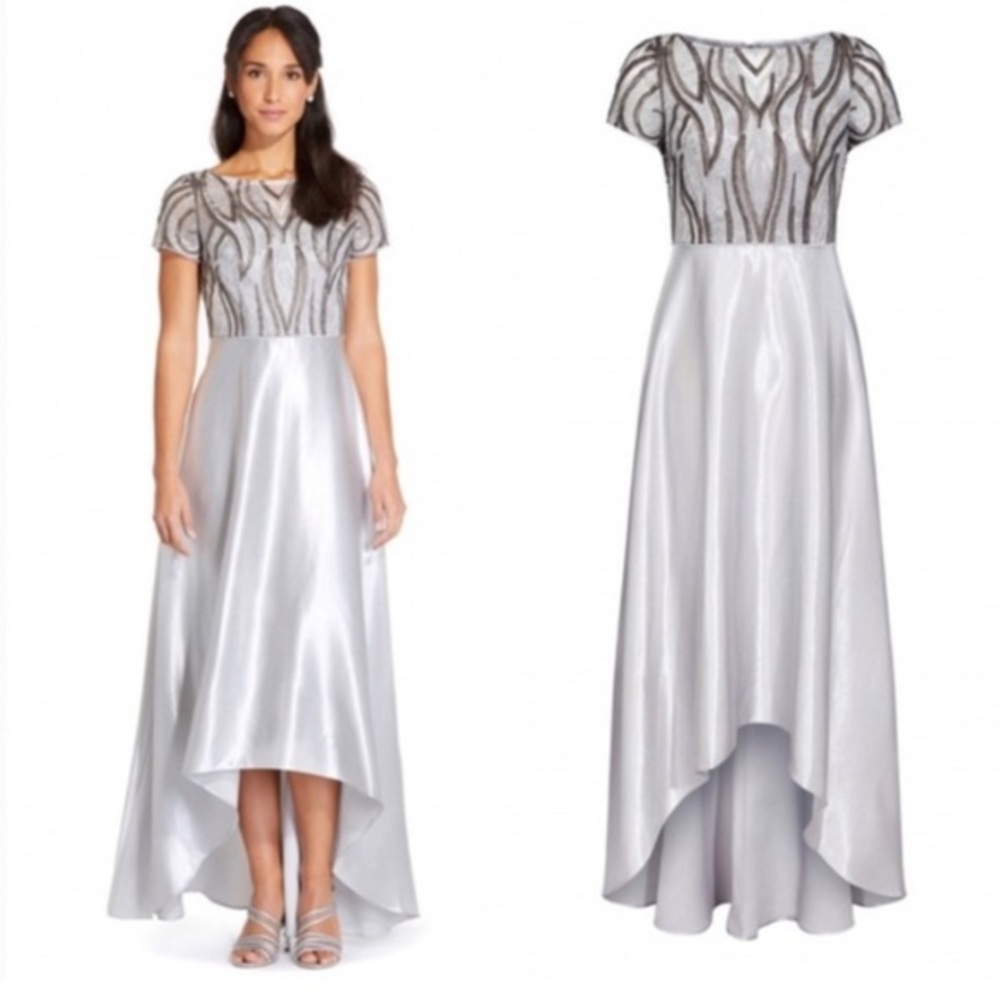 NWT ADRIANNA PAPELL Embroidered Satin Hi-lo Gown SIZE 8